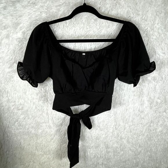 Unbranded Tops - Boutique Tie Back Black Crop Top Peasant Blouse Womens Size Large